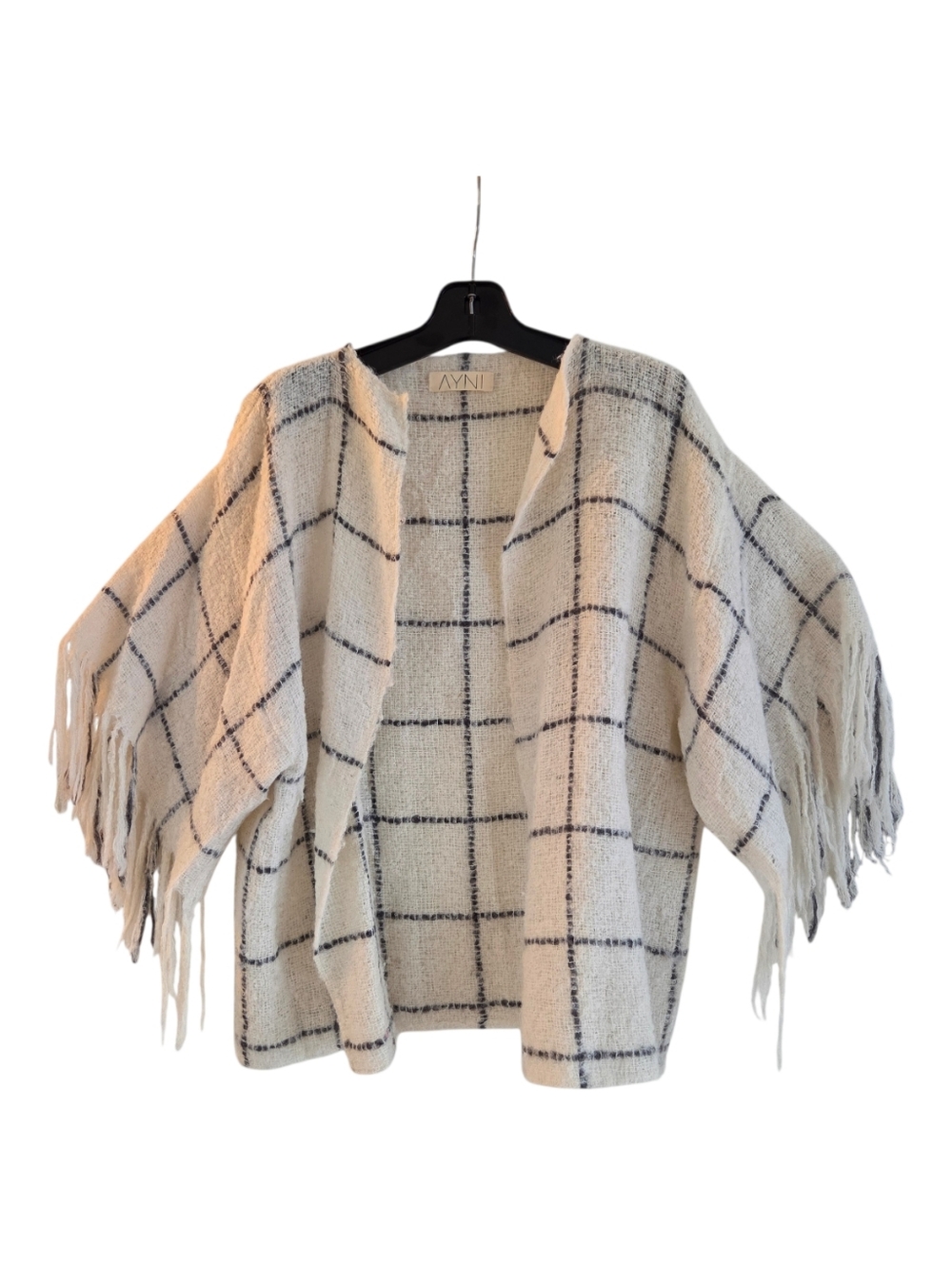 AYNI Design Lab Alpaca Poncho Open Cardigan Sweater Boho Fringe Artisinal Peru M